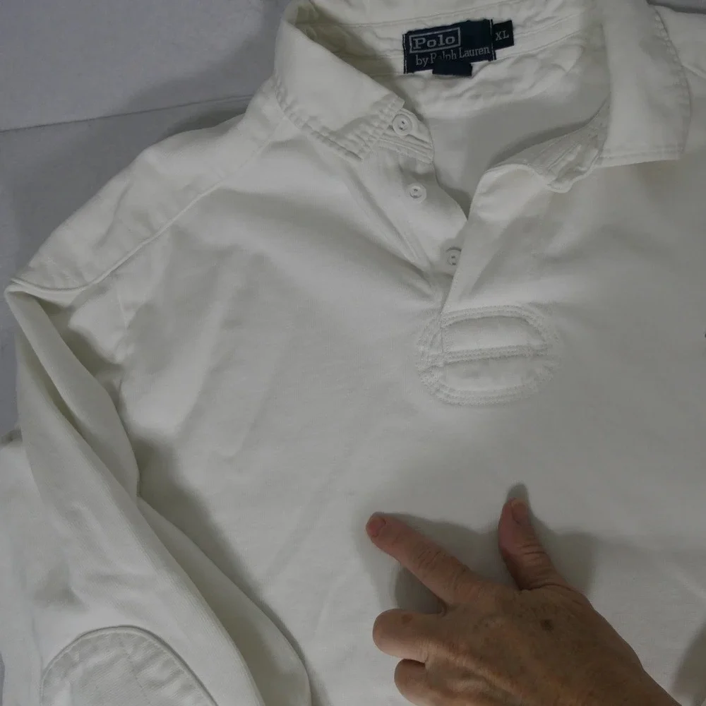 Polo Ralph Lauren Mens Rugby Shirt XL White Preppy Elbow Patch Long Sleeve